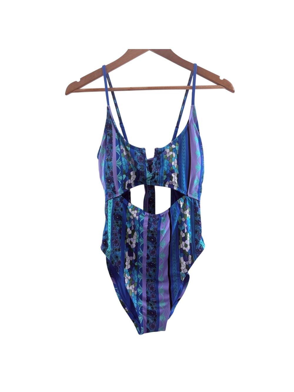 NWT Lucky Brand V-Neck Mixed Media Multi Print Cut Out One Piece Swimsuit Size L - Picture 1 of 13